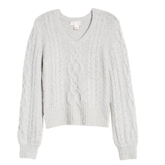 Rachel Parcell Sequin Cable Knit Puff Sleeve Sweat - Picture 3 of 7